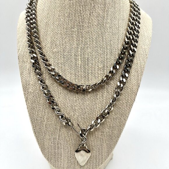 Chunky Curb Chain Necklace Layered Silver Tone Heart Pendant Y2K Streetwear - Picture 5 of 9